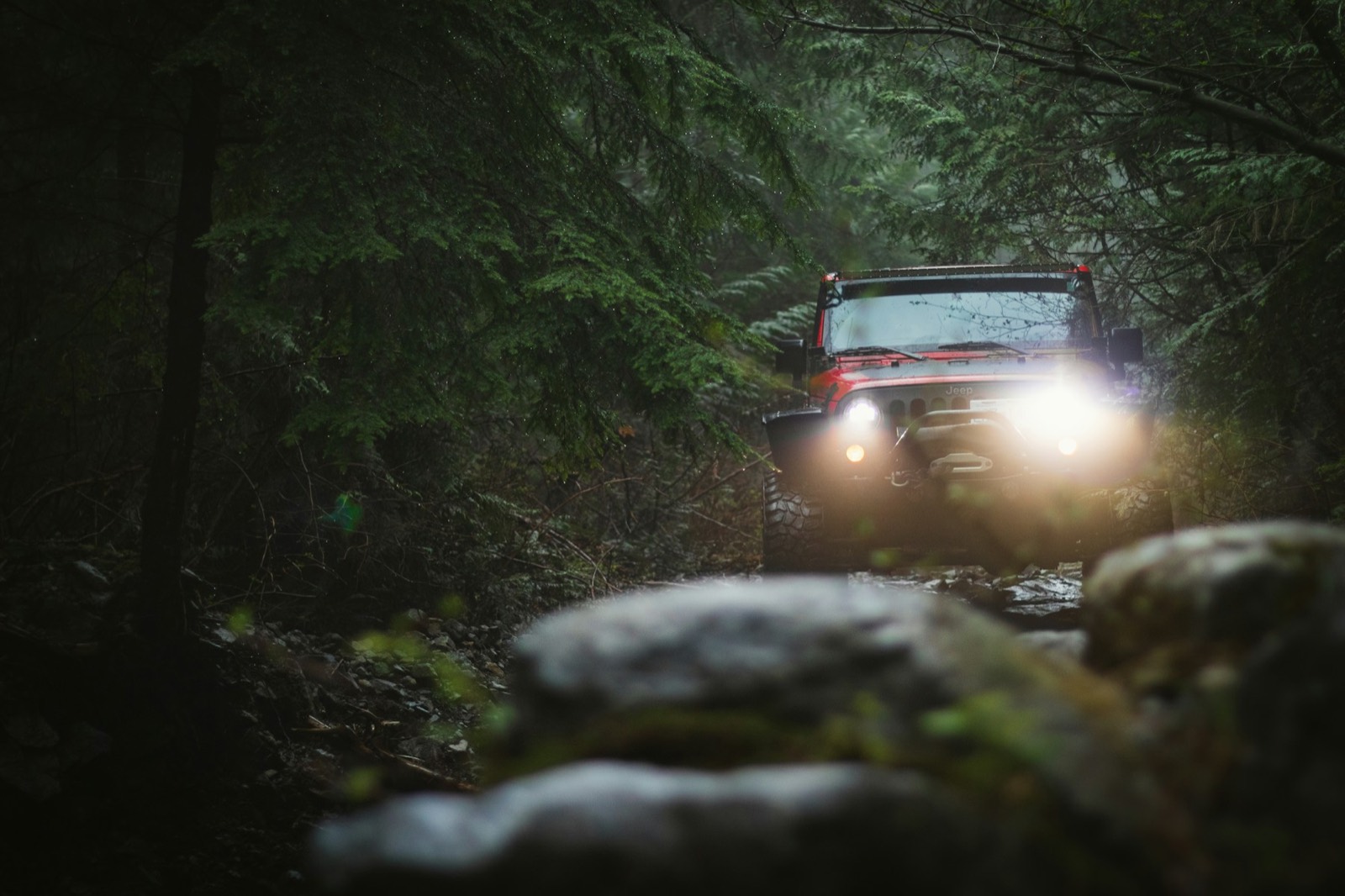 Off-road vehicle with headlights on a forest trail
